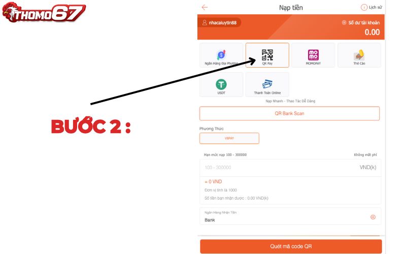Chọn phương thức nạp tiền QR Pay