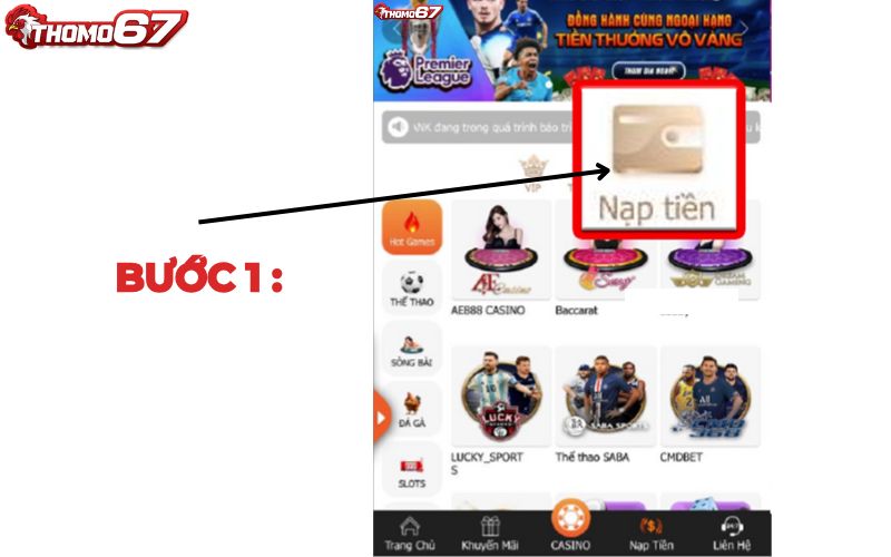 Đăng nhập tài khoản Thomo67 tại trang chủ chính thức và click vào nạp tiền