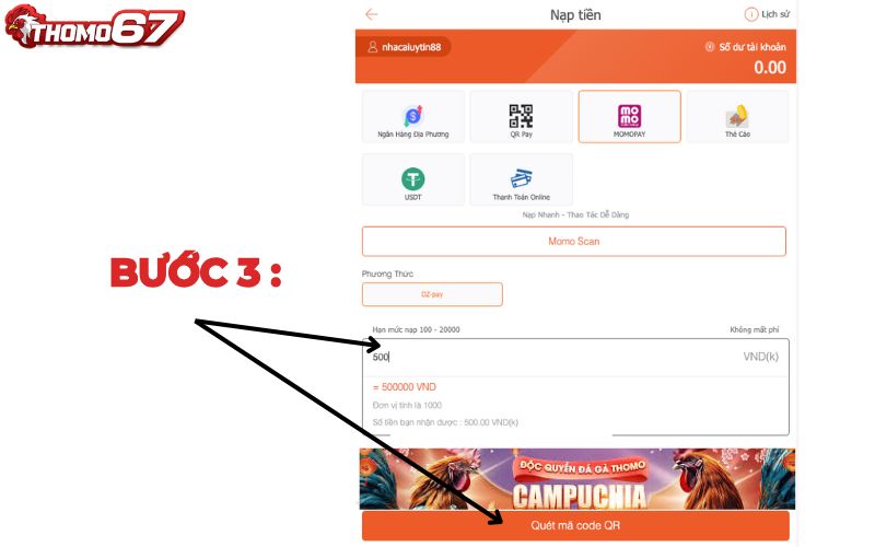 Điền số tiền và bấm quét mã code QR